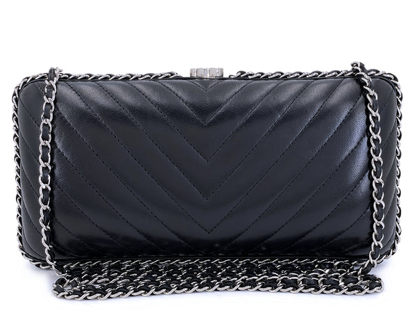 Chanel 2015 Black Chevron Hard Clutch on Chain Minaudière Evening Bag SHW JG3