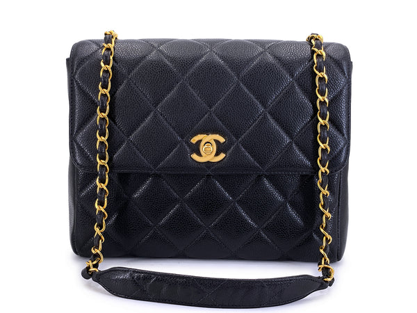 Chanel 1997 Vintage Black Caviar Square Crossbody Flap Bag 24k GHW