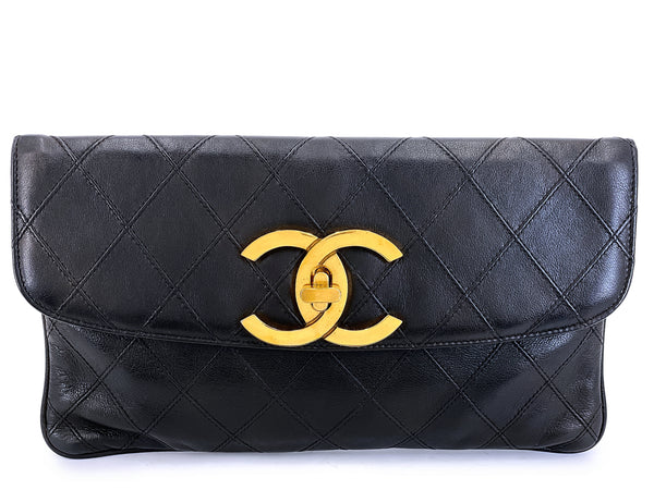 Rare Chanel 1988 Vintage Black Evening Clutch Bag Diamond Stitched 24k GHW 5OO