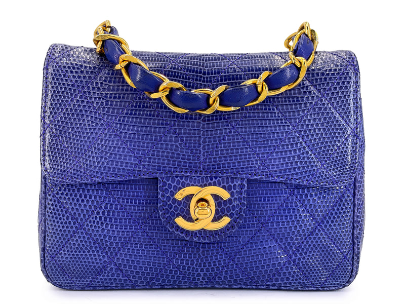 Rare Chanel 1989 Vintage Royal Blue Lizard Square Mini Evening Bag 24k GHW 37W