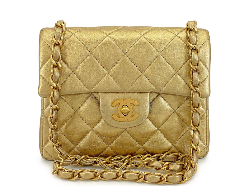 Chanel 2001 Vintage Gold Square Mini Flap Bag 24k GHW Lambskin ZIW