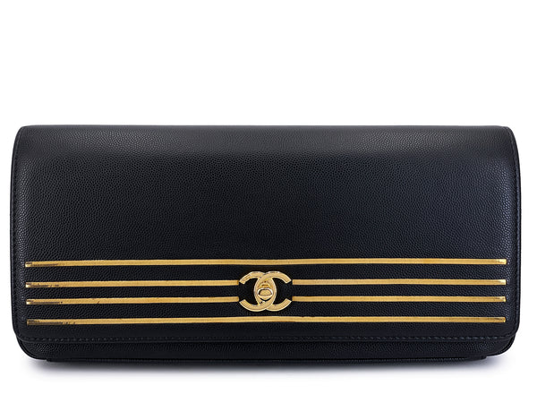 Chanel 19C Black Caviar Large Captain Gold Bar Clutch Bag GHW QD1