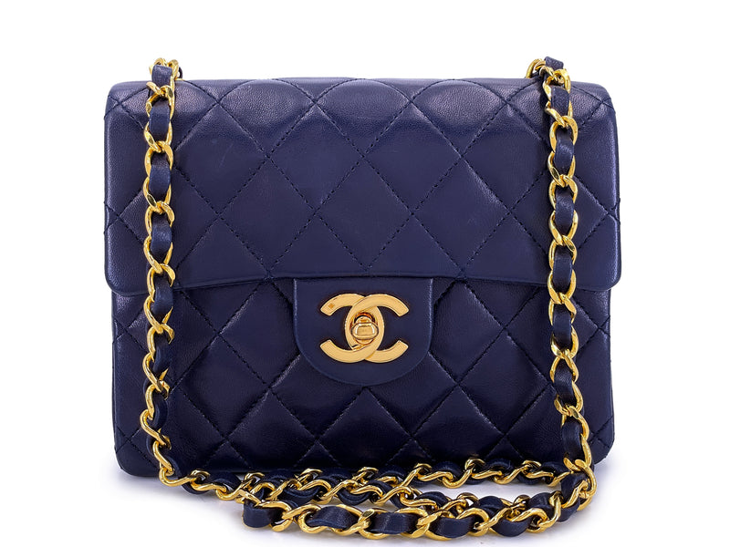 Chanel 1989 Vintage Navy Blue Square Mini Flap Bag 24k GHW Lambskin OW1