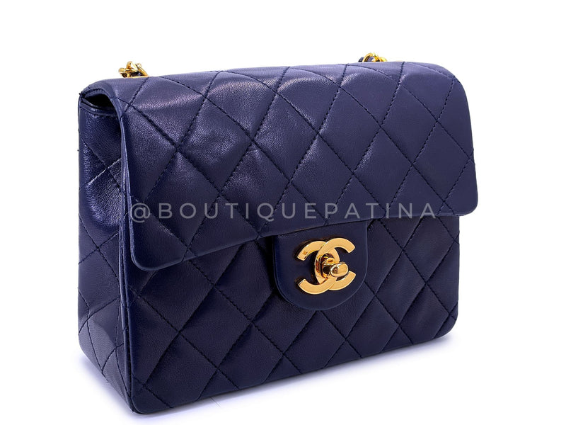 Chanel 1989 Vintage Navy Blue Square Mini Flap Bag 24k GHW Lambskin OW1