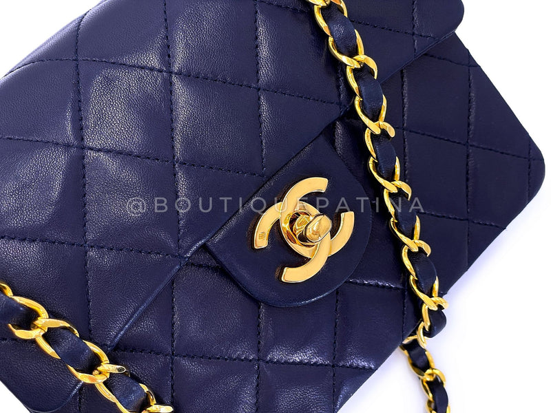 Chanel 1989 Vintage Navy Blue Square Mini Flap Bag 24k GHW Lambskin OW1