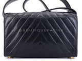 Chanel 1992 Black Vintage Chevron Caviar Encircled CC Flap Bag 24k GHW 2XV