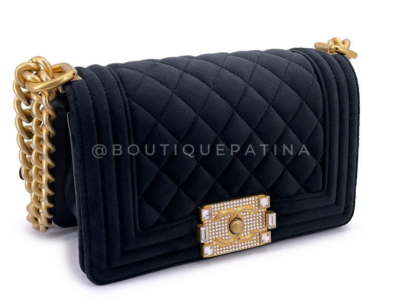 Chanel Small Boy Flap Bag Black Velvet Emerald-Cut Crystal Clasp GHW UGC