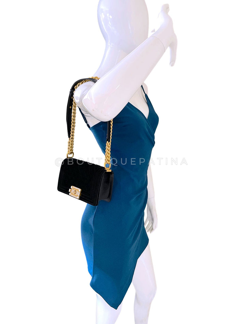 Chanel Small Boy Flap Bag Black Velvet Emerald-Cut Crystal Clasp GHW UGC