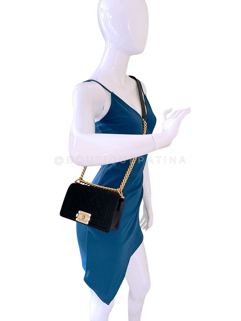 Chanel Small Boy Flap Bag Black Velvet Emerald-Cut Crystal Clasp GHW UGC