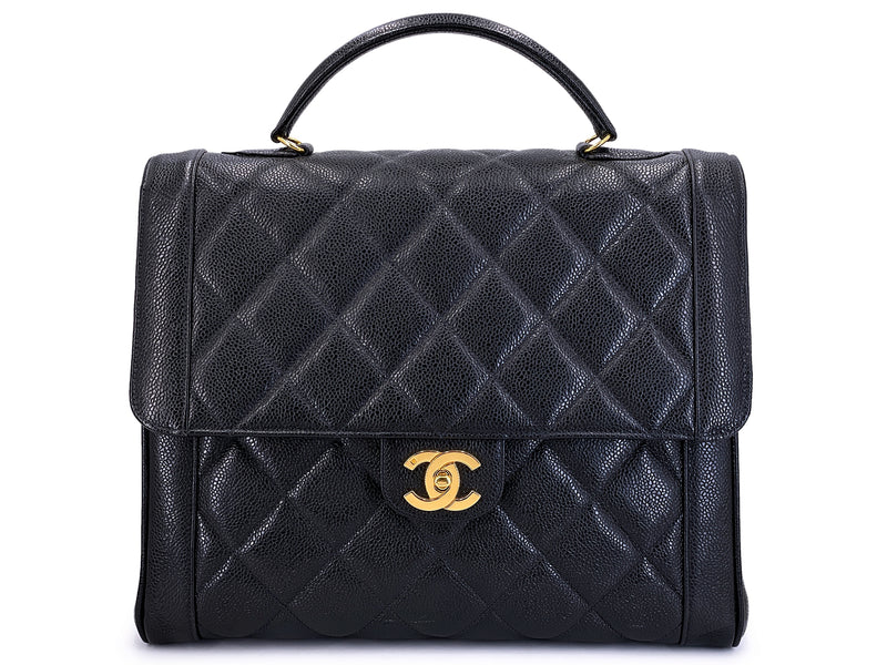 Chanel 1990 Vintage Black Caviar Mademoiselle Jumbo Kelly Bag 24k GHW HQA