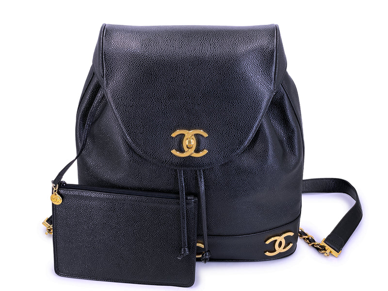 Rare Pristine Chanel 1994 Vintage Black Caviar Triple CC Large Backpack Bag 24k GHW V27
