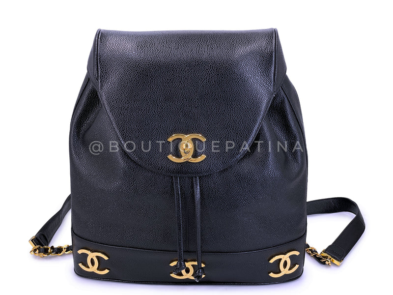 Rare Pristine Chanel 1994 Vintage Black Caviar Triple CC Large Backpack Bag 24k GHW V27