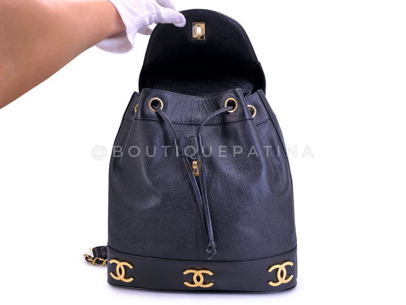 Rare Pristine Chanel 1994 Vintage Black Caviar Triple CC Large Backpack Bag 24k GHW V27
