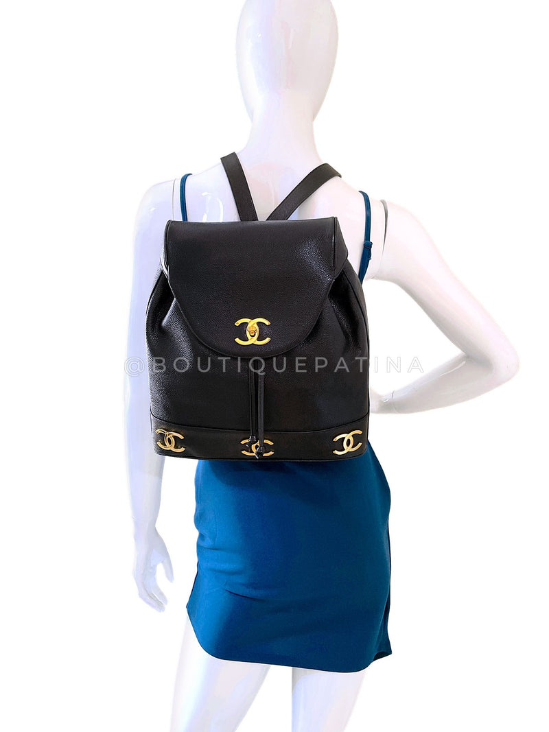 Rare Pristine Chanel 1994 Vintage Black Caviar Triple CC Large Backpack Bag 24k GHW V27