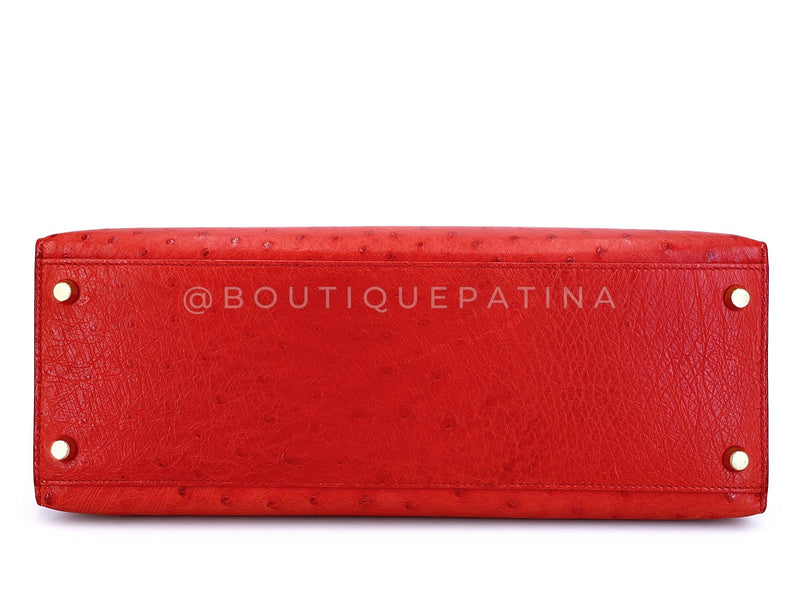 Hermès Red Ostrich 32cm Kelly Bag Sellier 24k GHW G3W