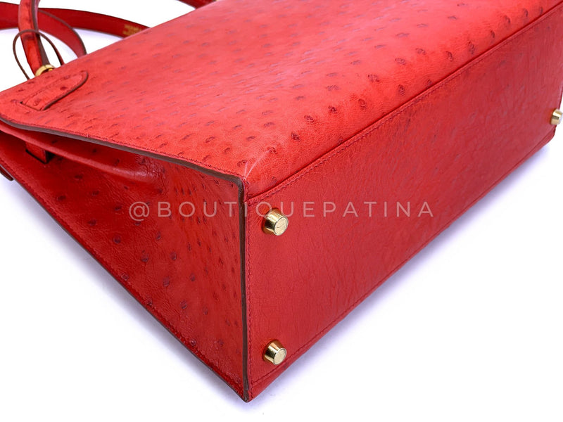 Hermès Red Ostrich 32cm Kelly Bag Sellier 24k GHW G3W