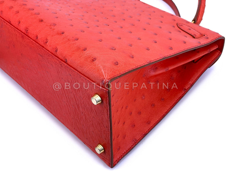Hermès Red Ostrich 32cm Kelly Bag Sellier 24k GHW G3W