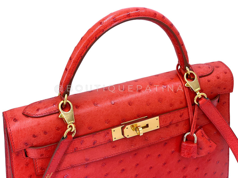 Hermès Red Ostrich 32cm Kelly Bag Sellier 24k GHW G3W