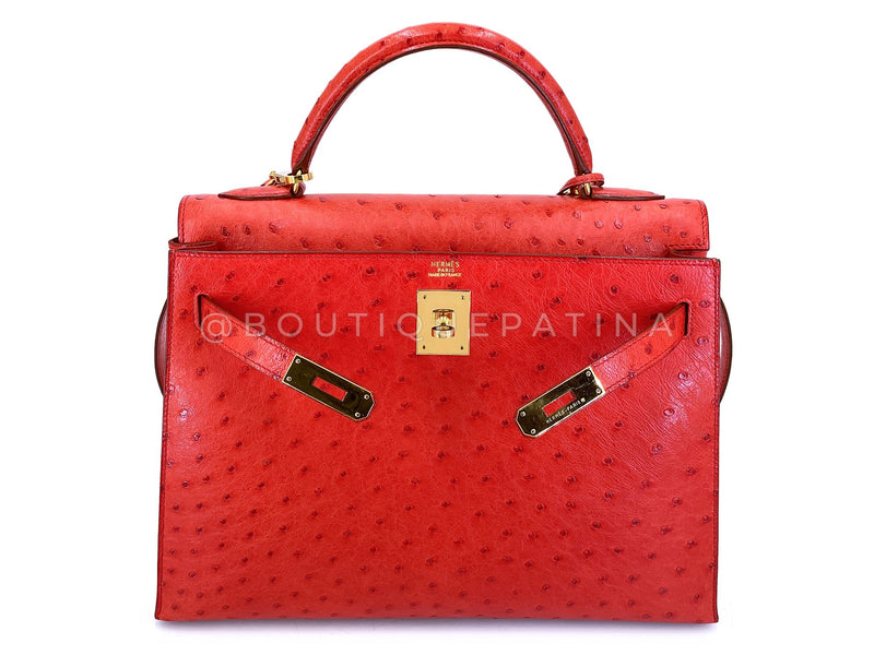 Hermès Red Ostrich 32cm Kelly Bag Sellier 24k GHW G3W