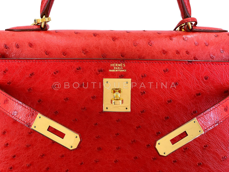 Hermès Red Ostrich 32cm Kelly Bag Sellier 24k GHW G3W