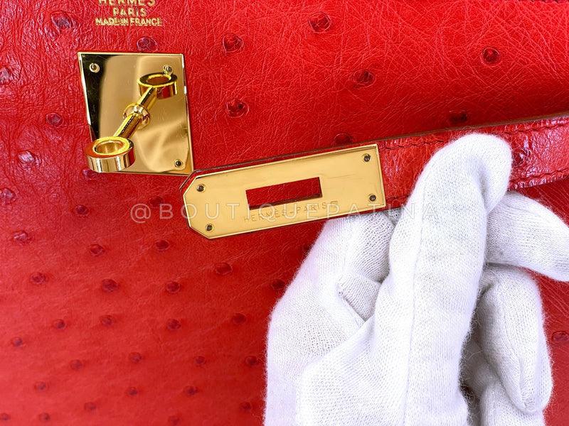 Hermès Red Ostrich 32cm Kelly Bag Sellier 24k GHW G3W