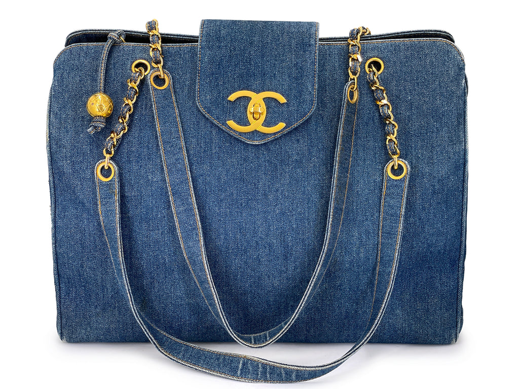 Chanel 1996 Vintage Blue Denim Supermodel Weekender XL Bag 24k GHW
