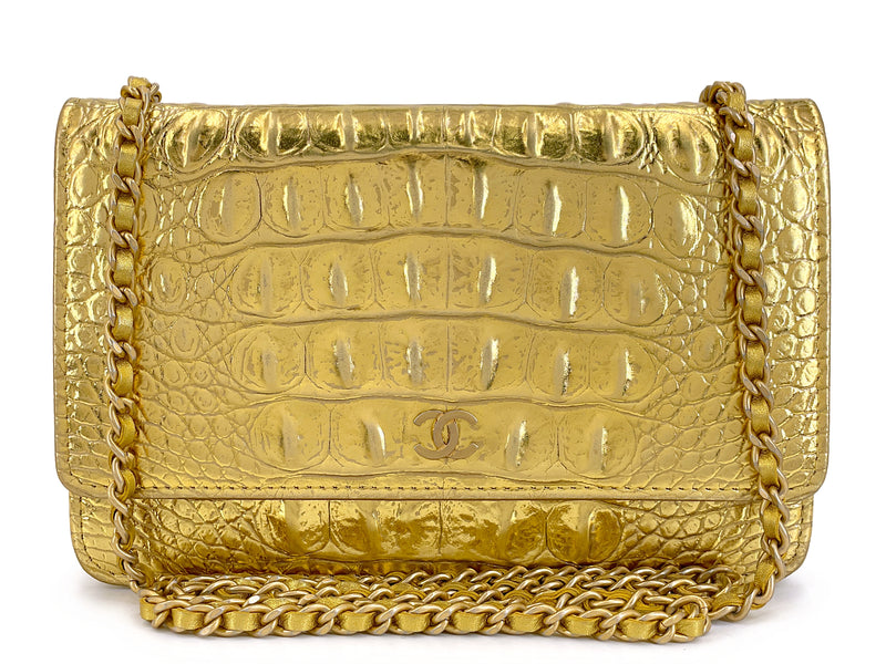 Chanel 19A Gold Egyptian Crocodile Print Wallet on Chain WOC Bag GHW 507