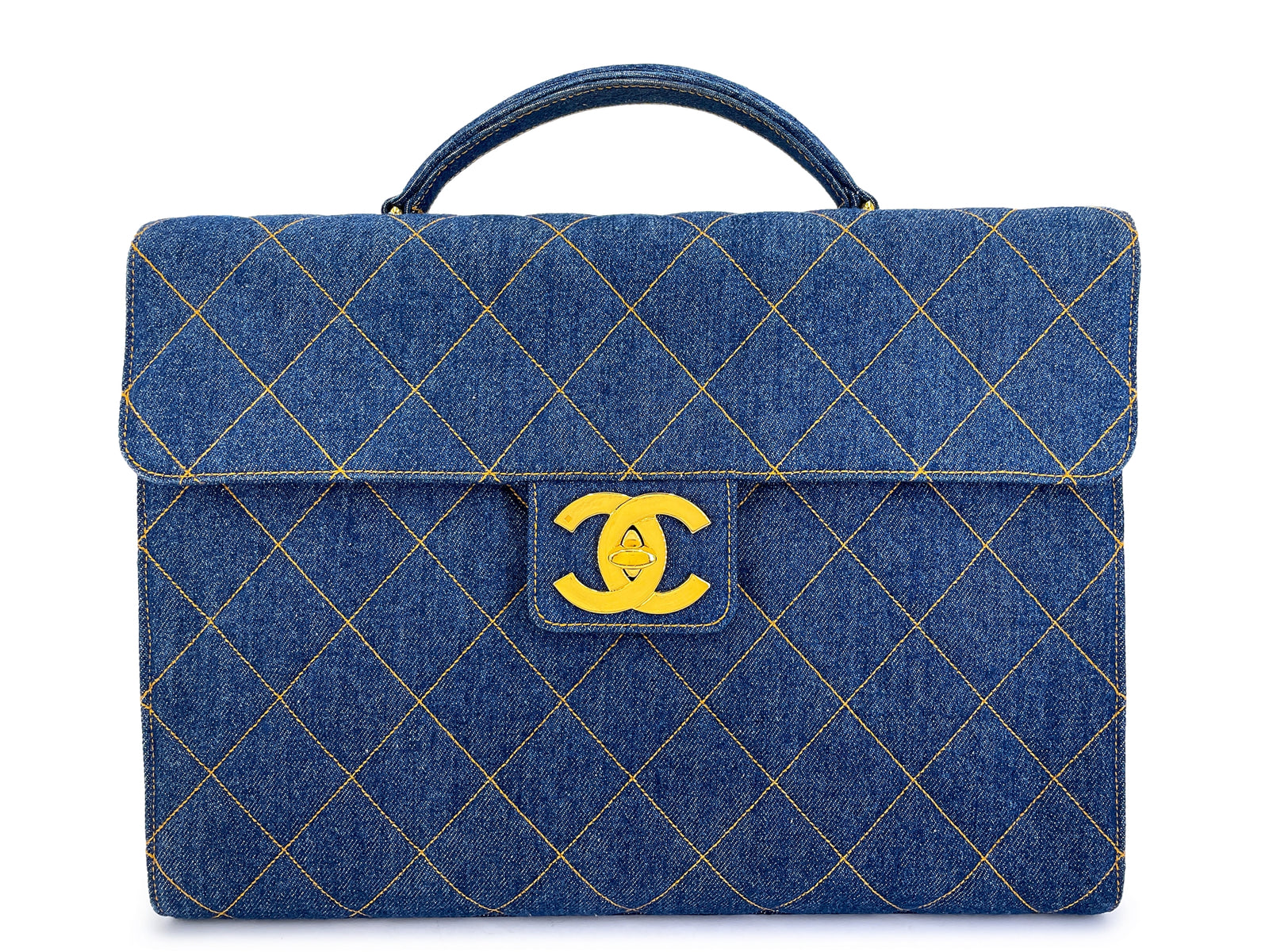 Chanel Vintage 1997 Blue Denim Briefcase Tote Bag 24k GHW KBY