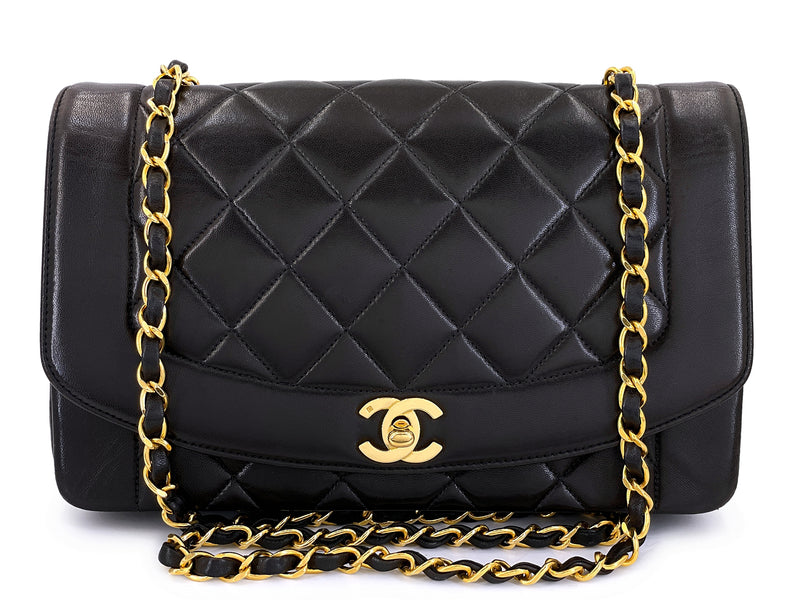 Chanel 1993 Vintage Black Lambskin Medium Diana Flap Bag 24k GHW F1D