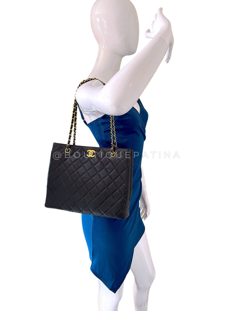 Chanel 90s Vintage Black Caviar Timeless Medium Turnlock Shopper Tote Bag 24k GHW EMO