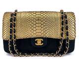 Chanel 2017 Gold Python Black Suede Medium Classic Double Flap Bag GHW S2O