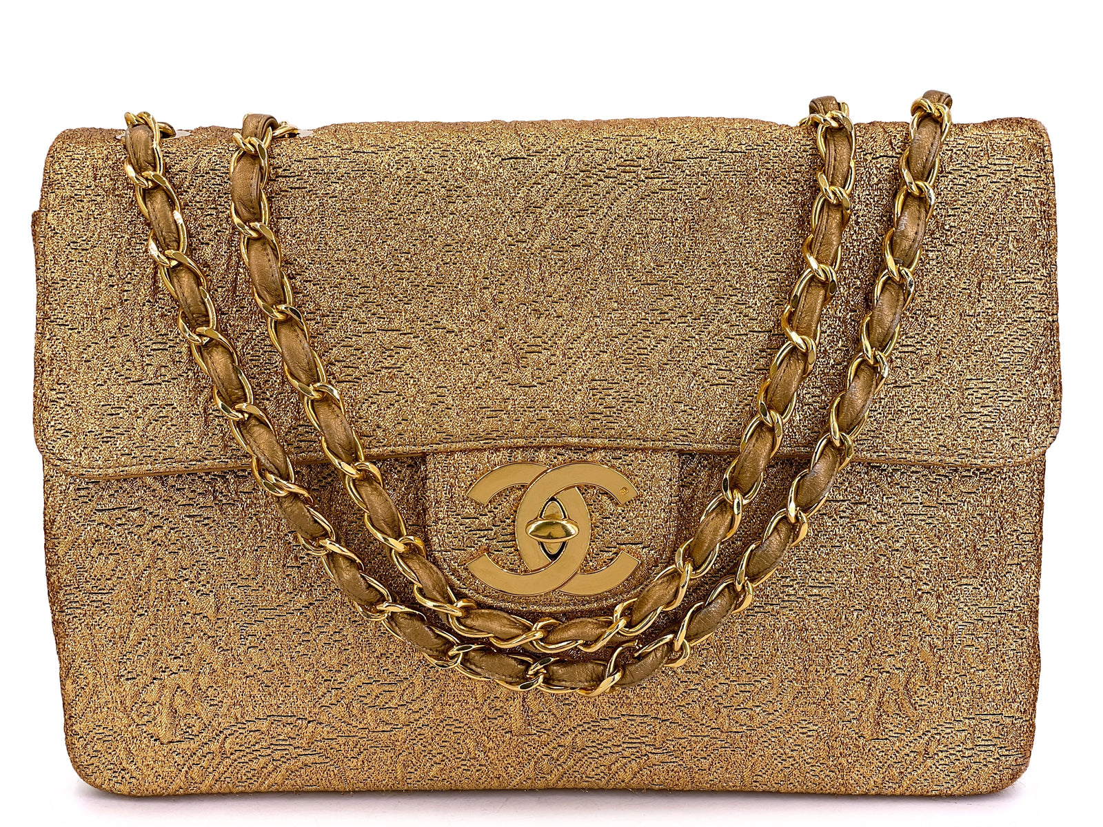 Chanel 1991 Vintage Gold Byzantine Brocade Silk Maxi Classic Flap