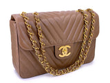 Chanel 1994 Vintage Taupe Beige Caviar Chevron Maxi "Jumbo XL" Classic Flap Bag 24k GHW     KM5