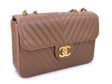 Chanel 1994 Vintage Taupe Beige Caviar Chevron Maxi "Jumbo XL" Classic Flap Bag 24k GHW     KM5