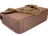 Chanel 1994 Vintage Taupe Beige Caviar Chevron Maxi "Jumbo XL" Classic Flap Bag 24k GHW     KM5
