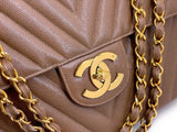 Chanel 1994 Vintage Taupe Beige Caviar Chevron Maxi "Jumbo XL" Classic Flap Bag 24k GHW     KM5