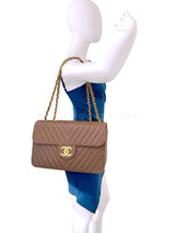 Chanel 1994 Vintage Taupe Beige Caviar Chevron Maxi "Jumbo XL" Classic Flap Bag 24k GHW     KM5