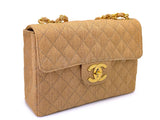 Chanel 1994 Vintage Wool Tweed Beige Quilted Classic Jumbo Clutch Flap Bag 24k GHW
