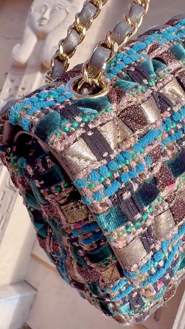 Chanel 19A Egypt Turquoise Multicolor Tweed Medium Classic Double Flap Bag GHW Paris-New York SIQ