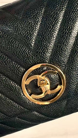 Chanel 1992 Black Vintage Chevron Caviar Encircled CC Flap Bag 24k GHW 2XV