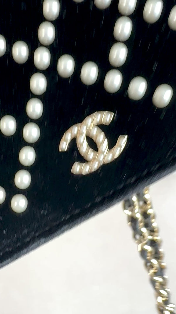 Chanel Black Velvet Pearl Studded Wallet on Chain WOC Evening Bag GHW X3O