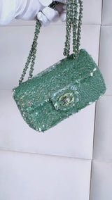 Rare Chanel Mermaid Green Sequins Mini Flap Bag Etched CC SHW KMD