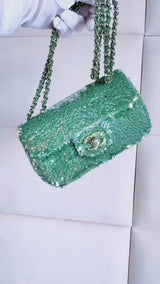 Rare Chanel Mermaid Green Sequins Mini Flap Bag Etched CC SHW KMD