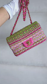 Chanel 21C Pink Green Crocheted Tweed Rectangular Mini Flap Bag GHW E7Q