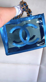 Rare Chanel 1995 "Barbie Collection" Metallic Blue Clear Tote Bag 24k GHW SD5