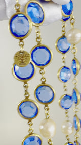 Chanel 1981 Vintage Blue Crystal and Pearl Chicklet Sautoir Station Strand Necklace