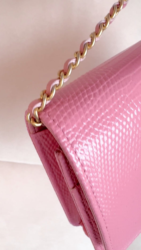 Chanel Pink Iridescent Lizard Golden Class WOC Wallet on Chain Flap Bag HK5