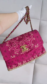 Chanel 1994 Vintage Dark Pink Bandana Maxi Straw Jumbo Flap Bag Paisley Print HKK