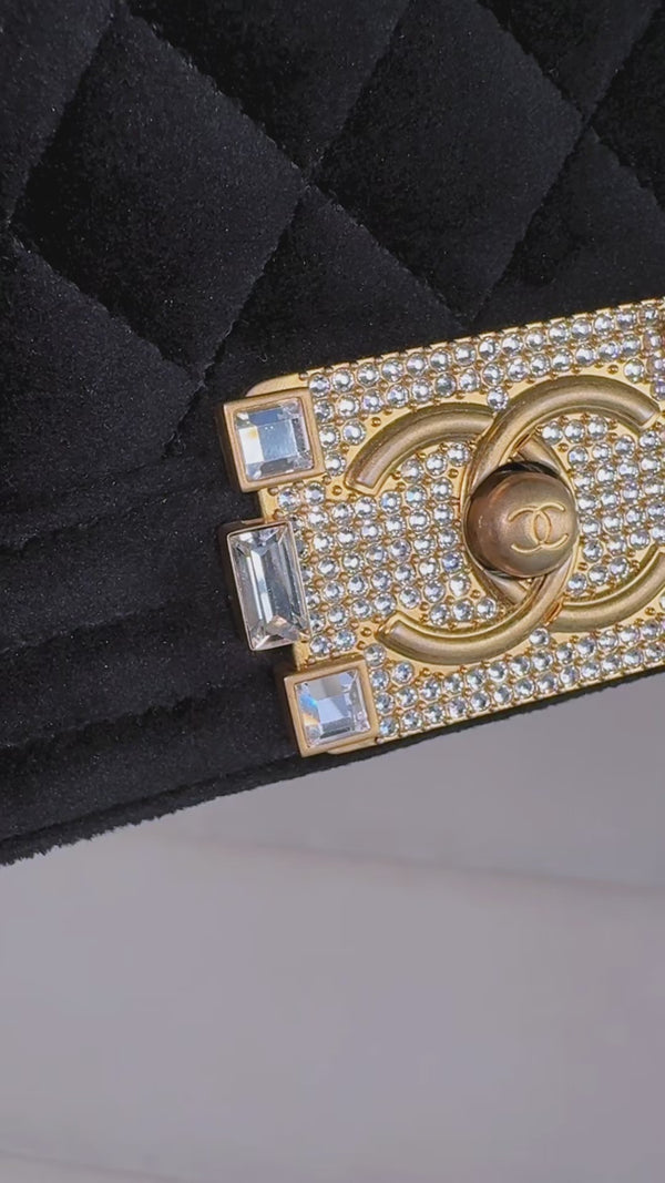 Chanel Small Boy Flap Bag Black Velvet Emerald-Cut Crystal Clasp GHW UGC