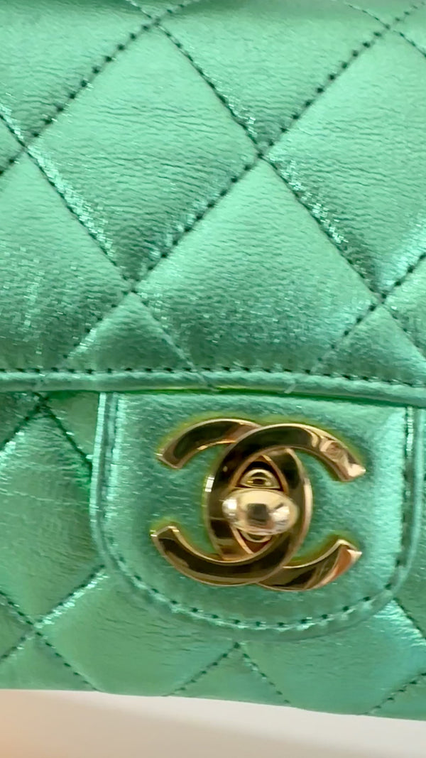 Chanel 1994 Vintage Parent Child Bag Kelly Flap Set Metallic Green 24k GHW RRJ